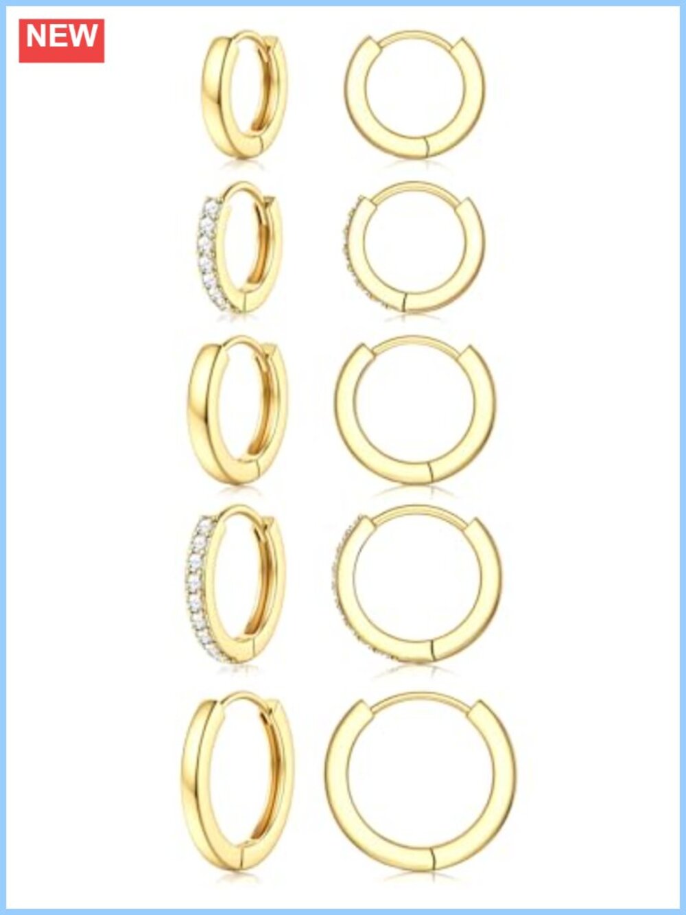14K Gold Plated Hoop Earrings Set 5 Pairs CZ Huggie Small